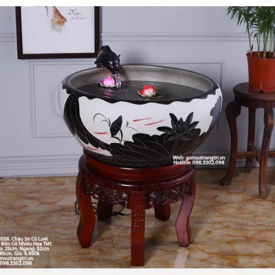 Chậu sứ có lưới lọc kèm đôn gỗ - đồ trang trí, phong thuỷ, tài lộc cho gia chủ